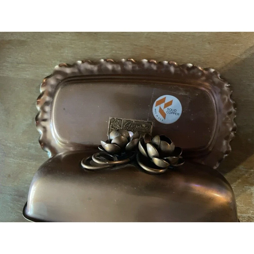 Gregorian Copper Butter Dish Hand Wrought Roses & Ruffles USA Glass Insert